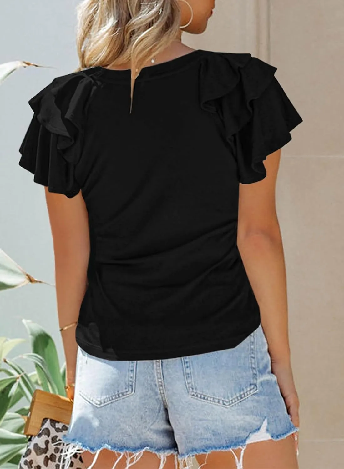 SHEWIN Womens Summer Tops Ruffle Short Sleeve T Shirts Casual Slim Fit