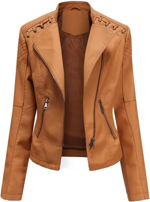 Sister Amy Women PU Leather Jacket Women Bomber Jacket Cropped Jacket Moto Coat for Biker