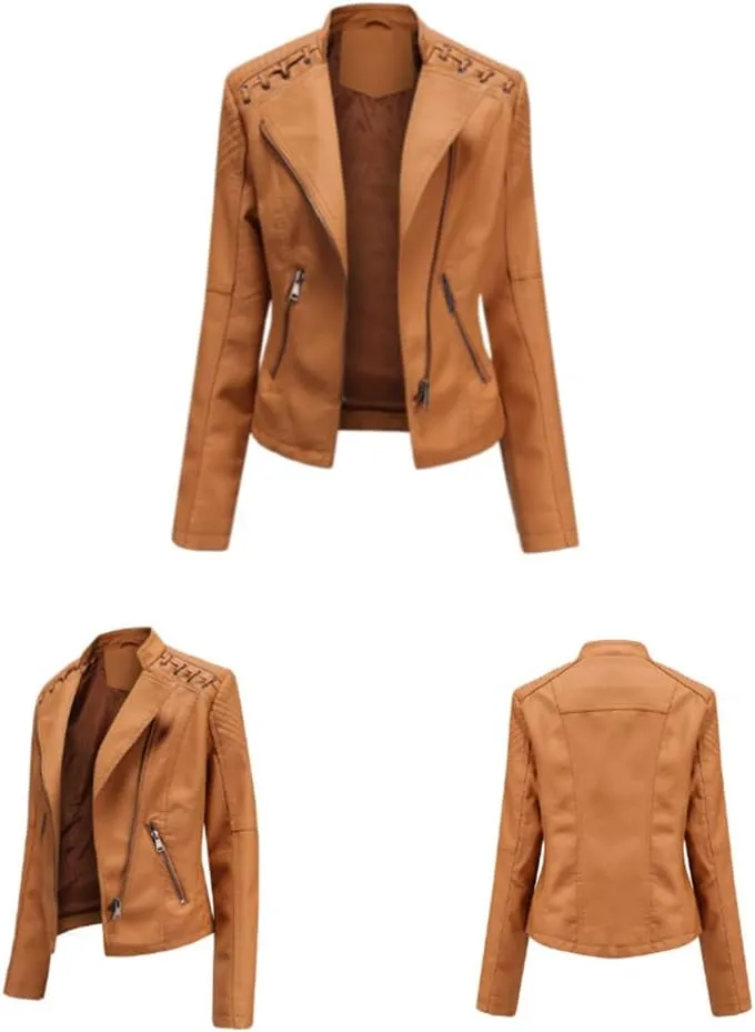 Sister Amy Women PU Leather Jacket Women Bomber Jacket Cropped Jacket Moto Coat for Biker