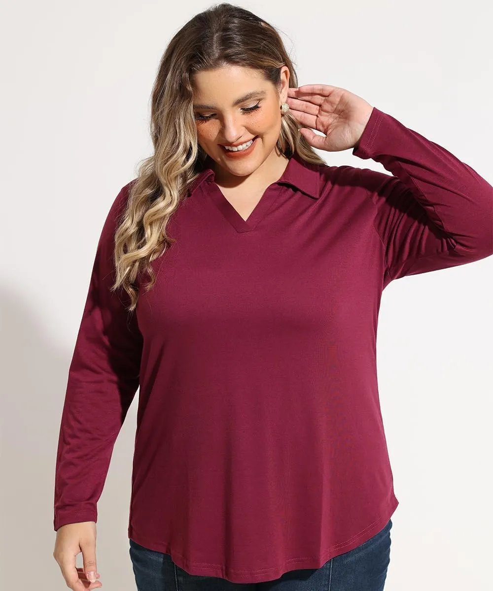 TIYOMI Plus Size Womens Polo Shirts Long Sleeve Collared Tops Business Casual V Neck Loose Fit T Shirt Work Blouse 1X-5X