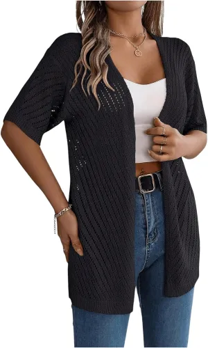 Verdusa Women's Hollow Out Short Sleeve Open Front Cardigan Sweater Outwear