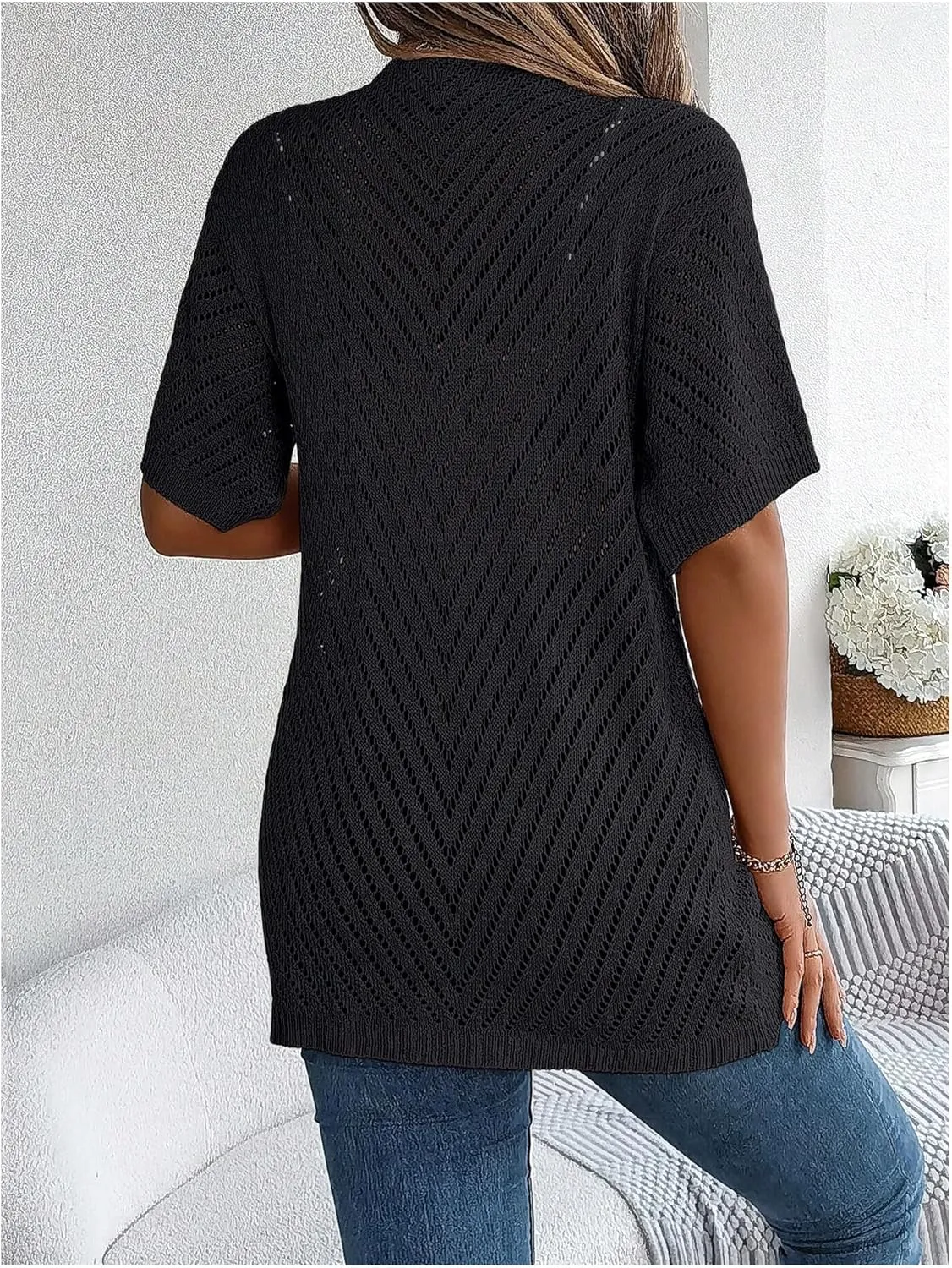 Verdusa Women's Hollow Out Short Sleeve Open Front Cardigan Sweater Outwear