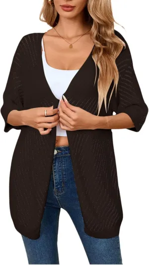 Verdusa Women's Hollow Out Short Sleeve Open Front Cardigan Sweater Outwear