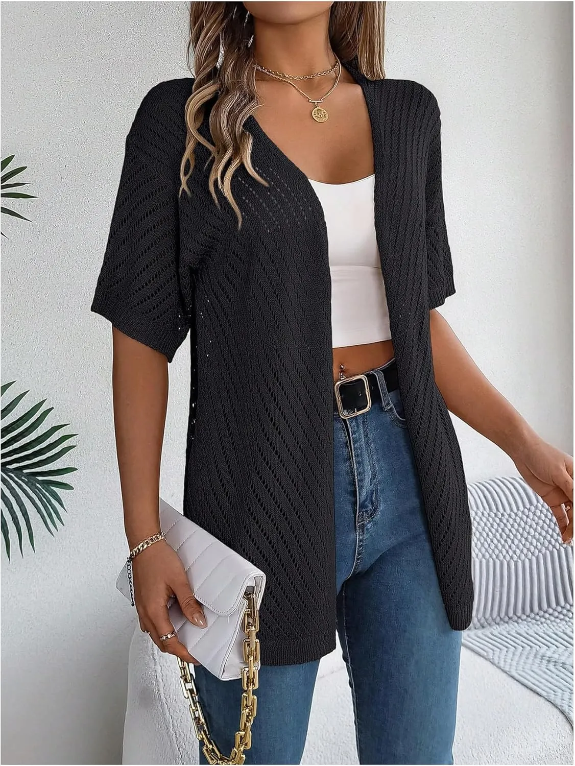 Verdusa Women's Hollow Out Short Sleeve Open Front Cardigan Sweater Outwear
