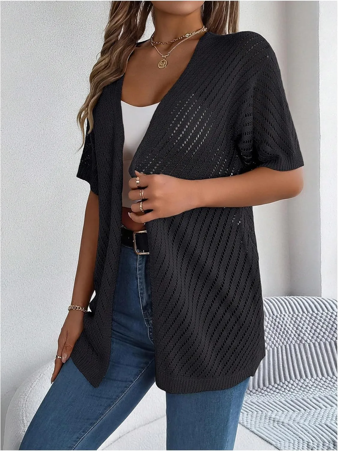 Verdusa Women's Hollow Out Short Sleeve Open Front Cardigan Sweater Outwear