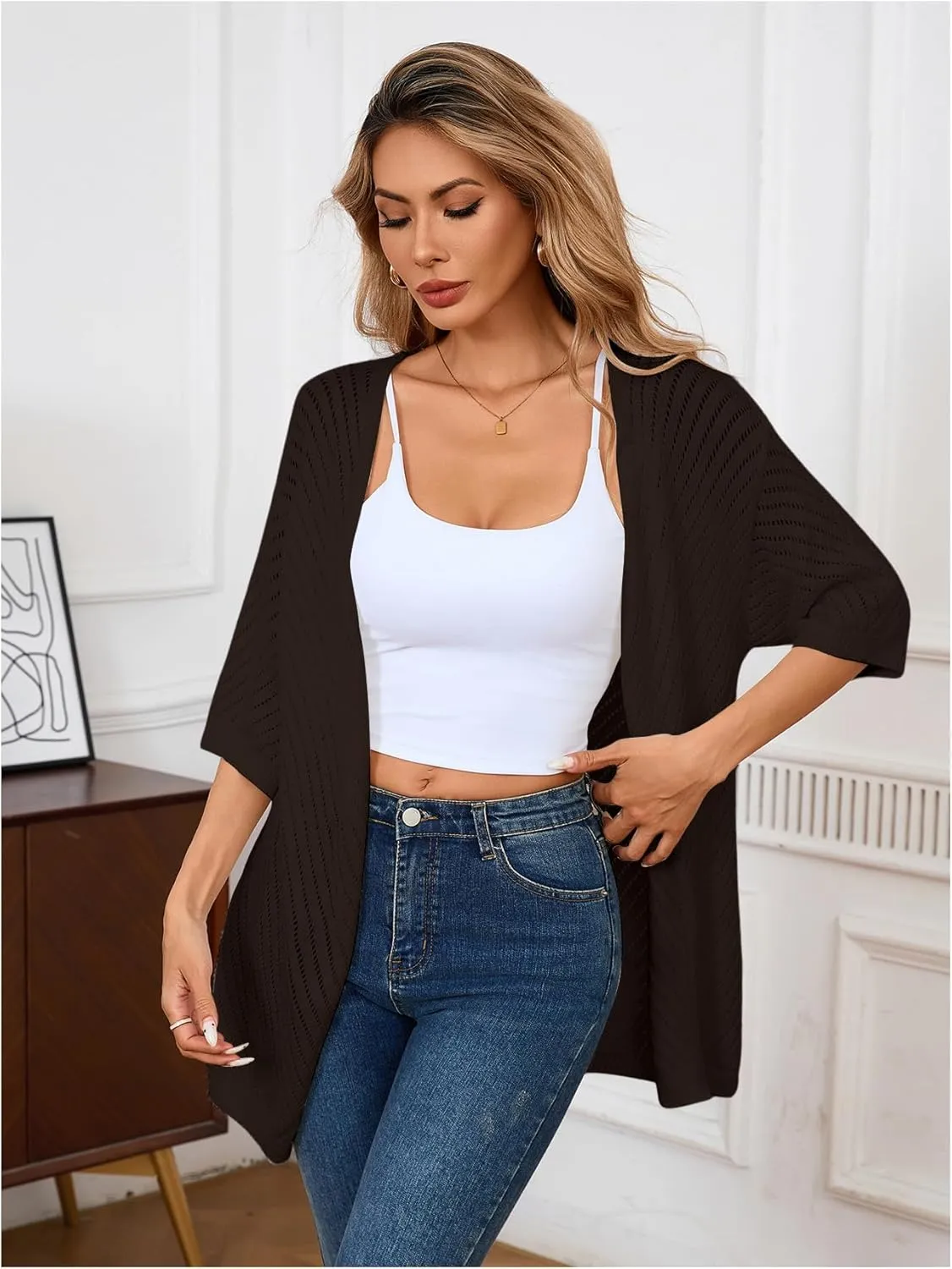 Verdusa Women's Hollow Out Short Sleeve Open Front Cardigan Sweater Outwear
