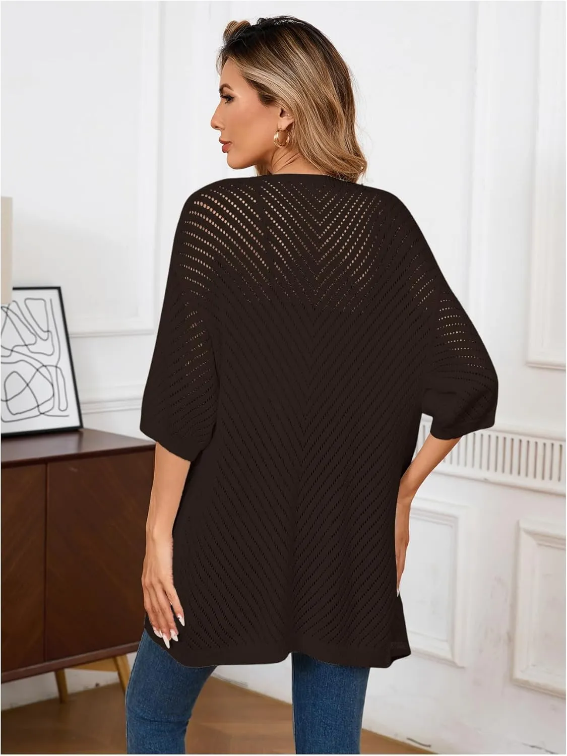 Verdusa Women's Hollow Out Short Sleeve Open Front Cardigan Sweater Outwear