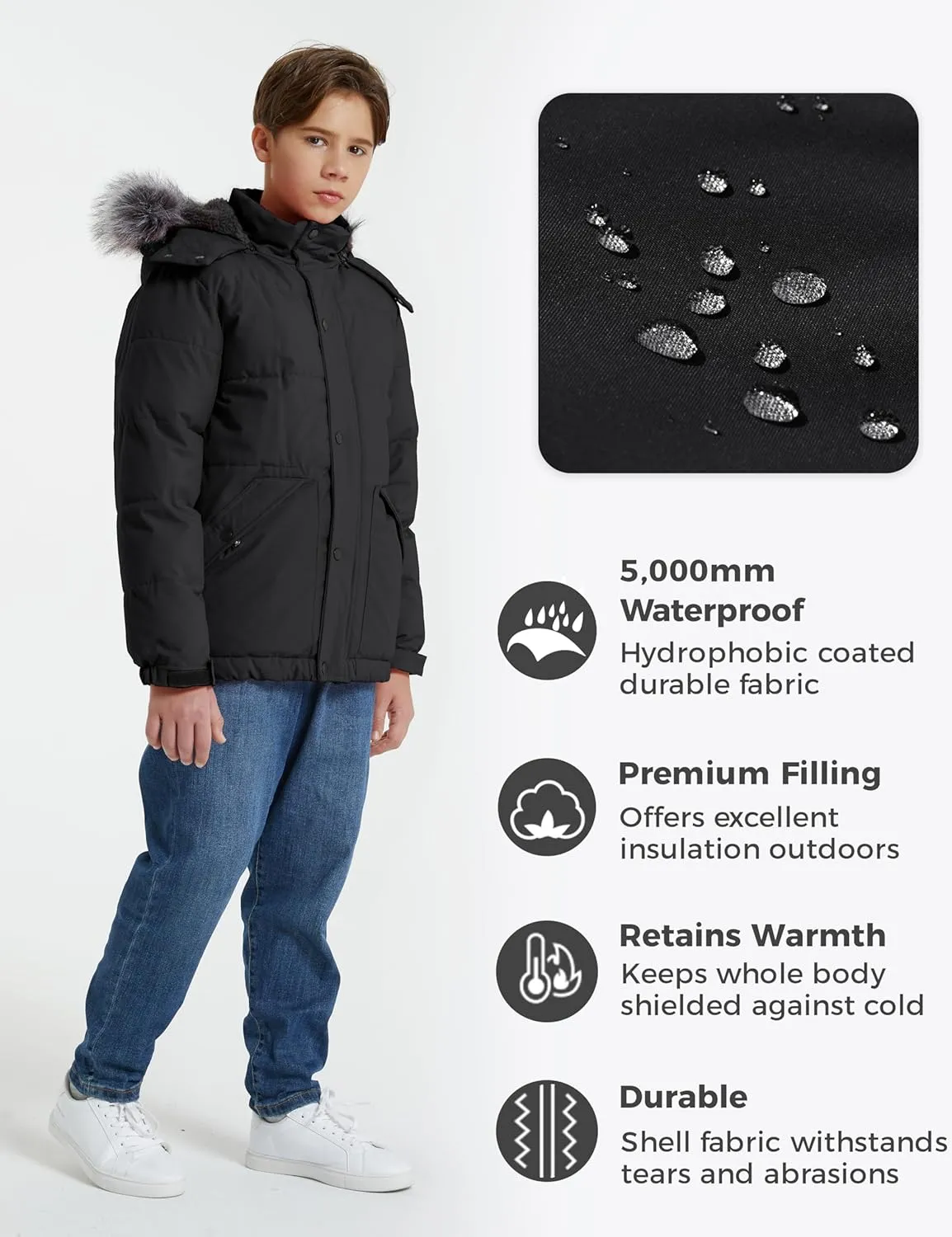 wantdo Boys' Winter Coat Waterproof Puffer Coat Warm Fleece Jacket