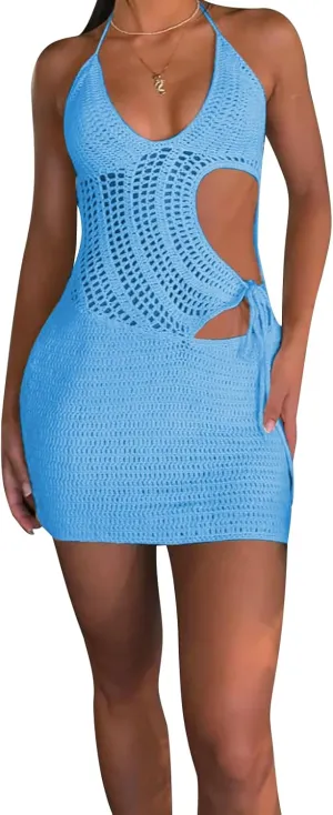 Women Halter Crochet Mini Dress Sexy Backless Knit Hollow Out Bodycon Y2k Party Dress for Club Streetwear Beach