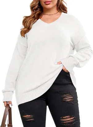 Women Plus Size Sweaters Cable Knit Long Sleeve V Neck Sweaters Tops Casual Soft Loose Fit Pullover Sweater 1XL-5XL