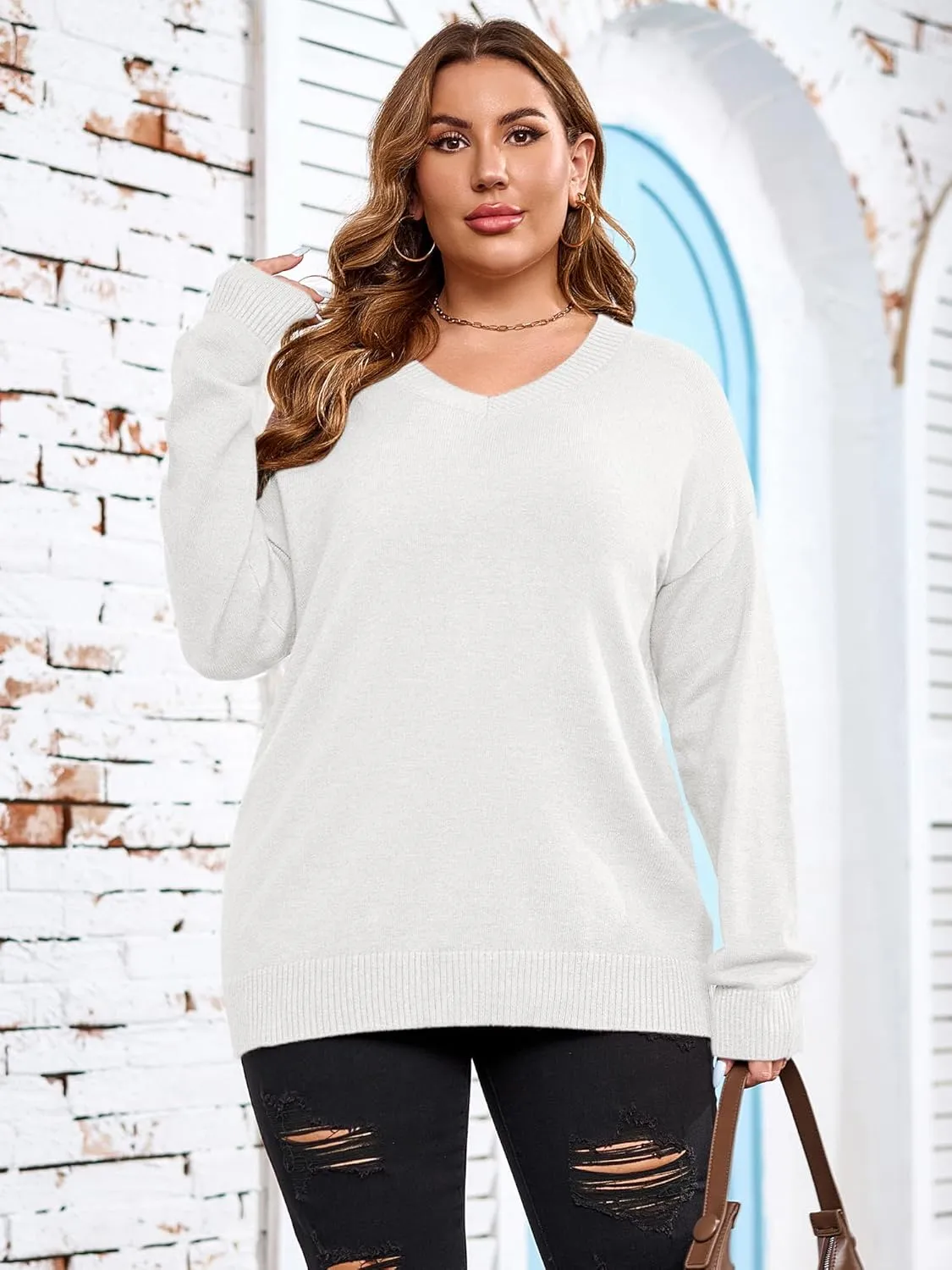 Women Plus Size Sweaters Cable Knit Long Sleeve V Neck Sweaters Tops Casual Soft Loose Fit Pullover Sweater 1XL-5XL