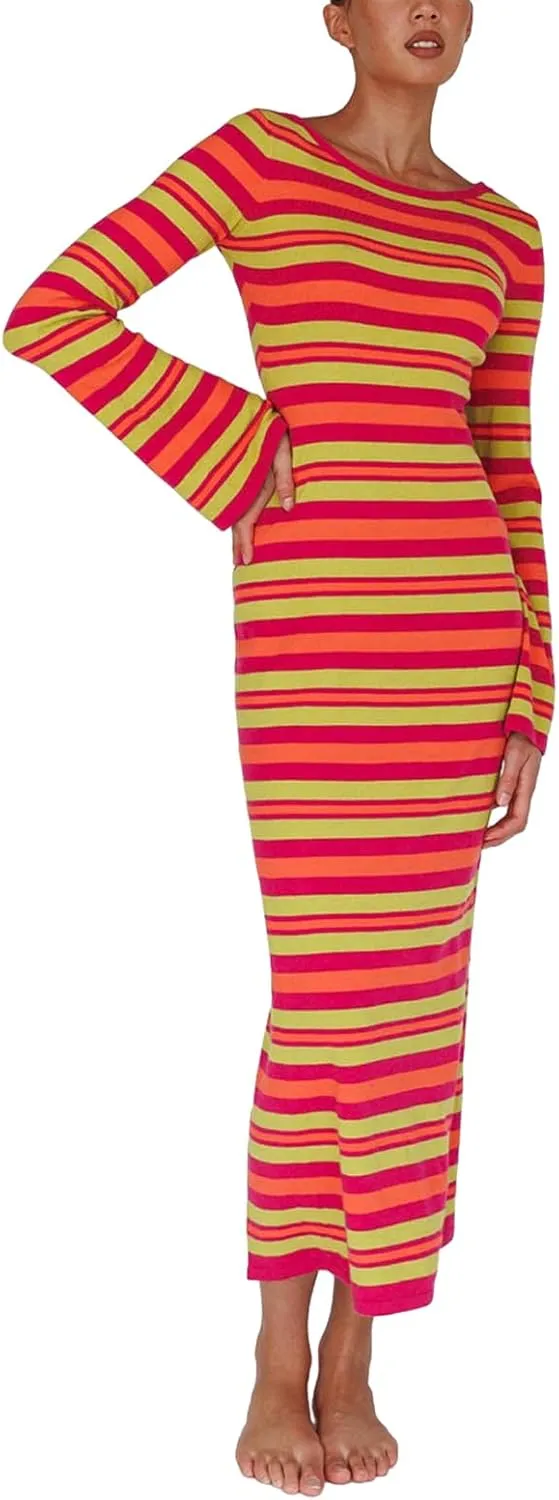 Women Ribbed Knit Maxi Dress Long Sleeve V Neck Slim Fit Bodycon Pencil Maxi Dress Party Clubwear Dresses