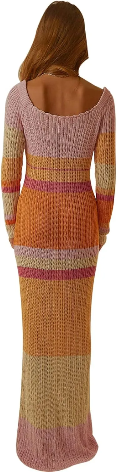 Women Ribbed Knit Maxi Dress Long Sleeve V Neck Slim Fit Bodycon Pencil Maxi Dress Party Clubwear Dresses