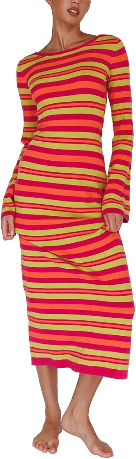 Women Ribbed Knit Maxi Dress Long Sleeve V Neck Slim Fit Bodycon Pencil Maxi Dress Party Clubwear Dresses