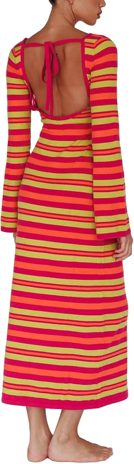 Women Ribbed Knit Maxi Dress Long Sleeve V Neck Slim Fit Bodycon Pencil Maxi Dress Party Clubwear Dresses