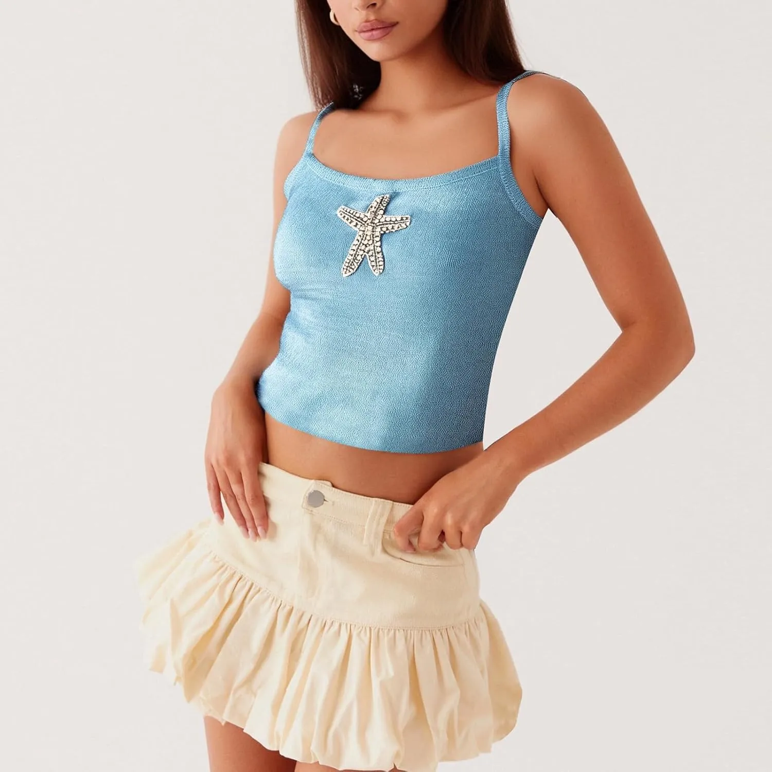 Women Starfish Knit Tank Top Y2k Teen Girl Sleeveless Backless Cropped Top Spaghetti Strap Slim Fit Cami Tops