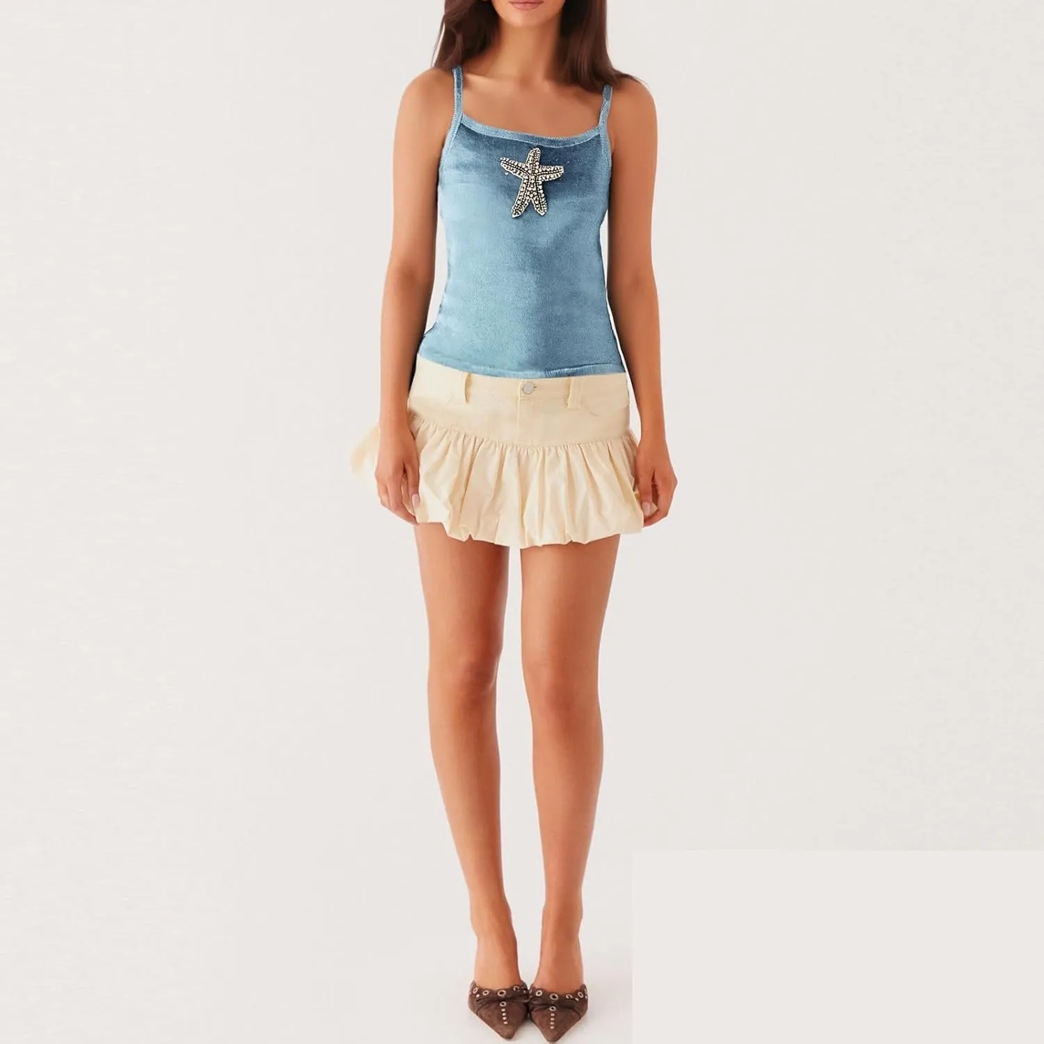 Women Starfish Knit Tank Top Y2k Teen Girl Sleeveless Backless Cropped Top Spaghetti Strap Slim Fit Cami Tops