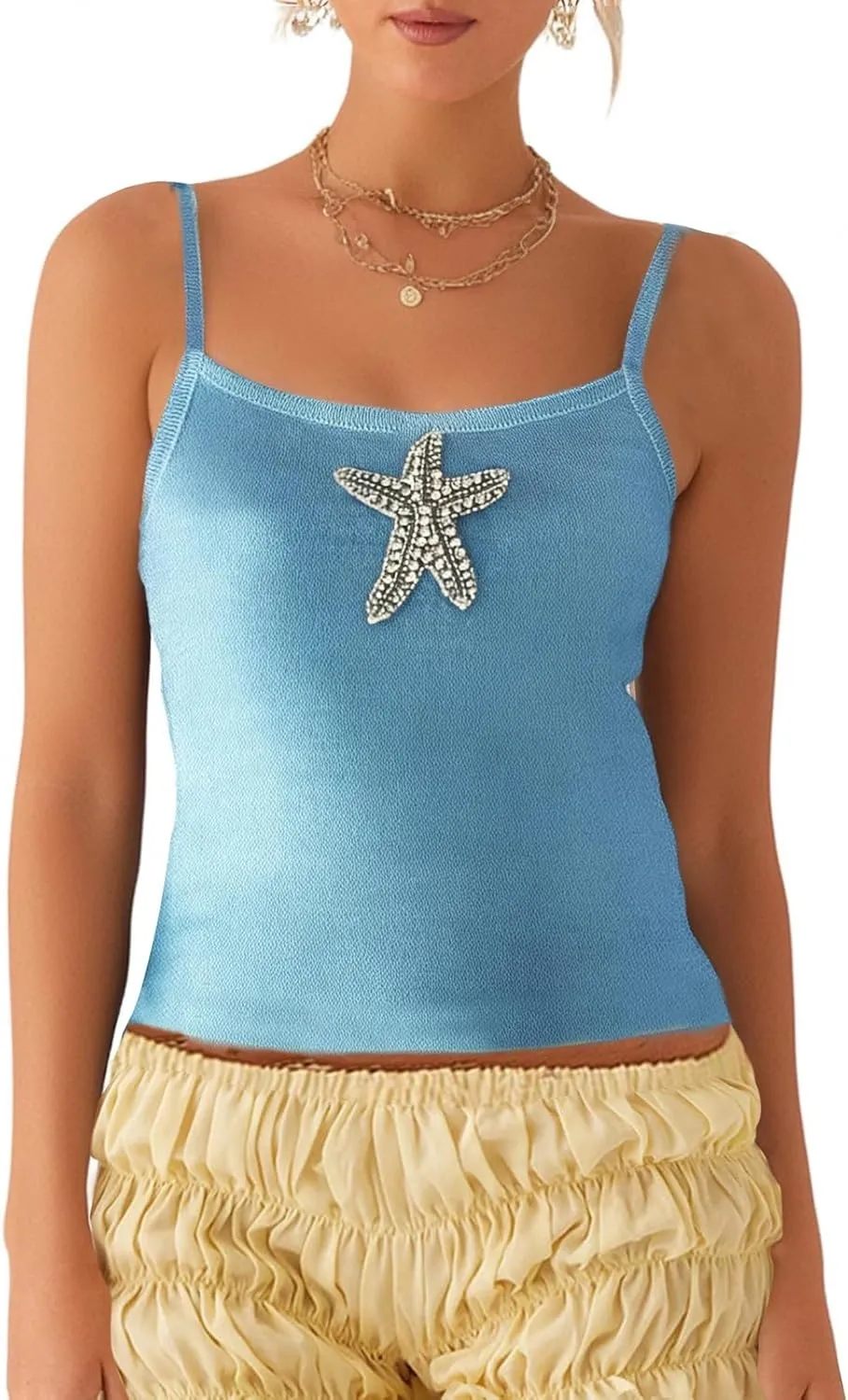 Women Starfish Knit Tank Top Y2k Teen Girl Sleeveless Backless Cropped Top Spaghetti Strap Slim Fit Cami Tops