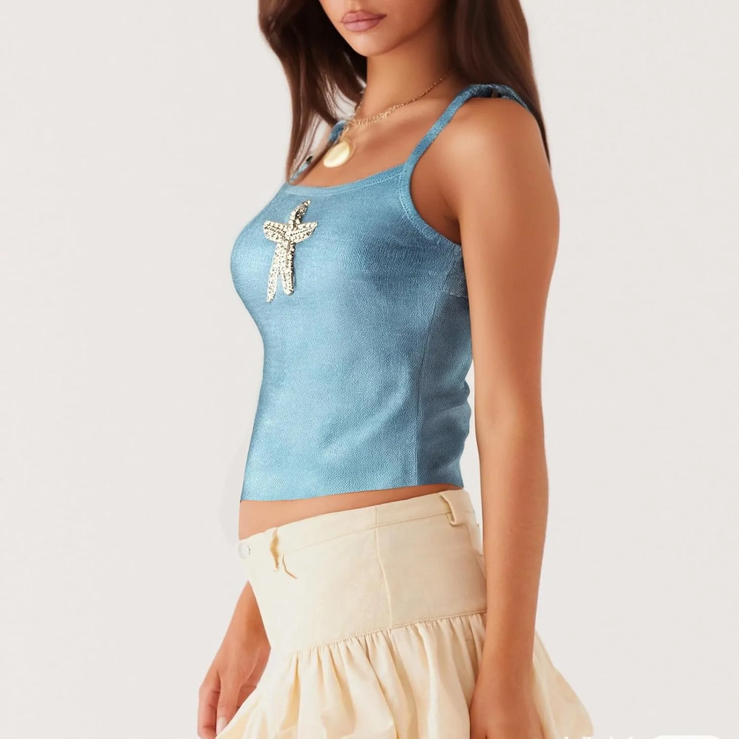 Women Starfish Knit Tank Top Y2k Teen Girl Sleeveless Backless Cropped Top Spaghetti Strap Slim Fit Cami Tops