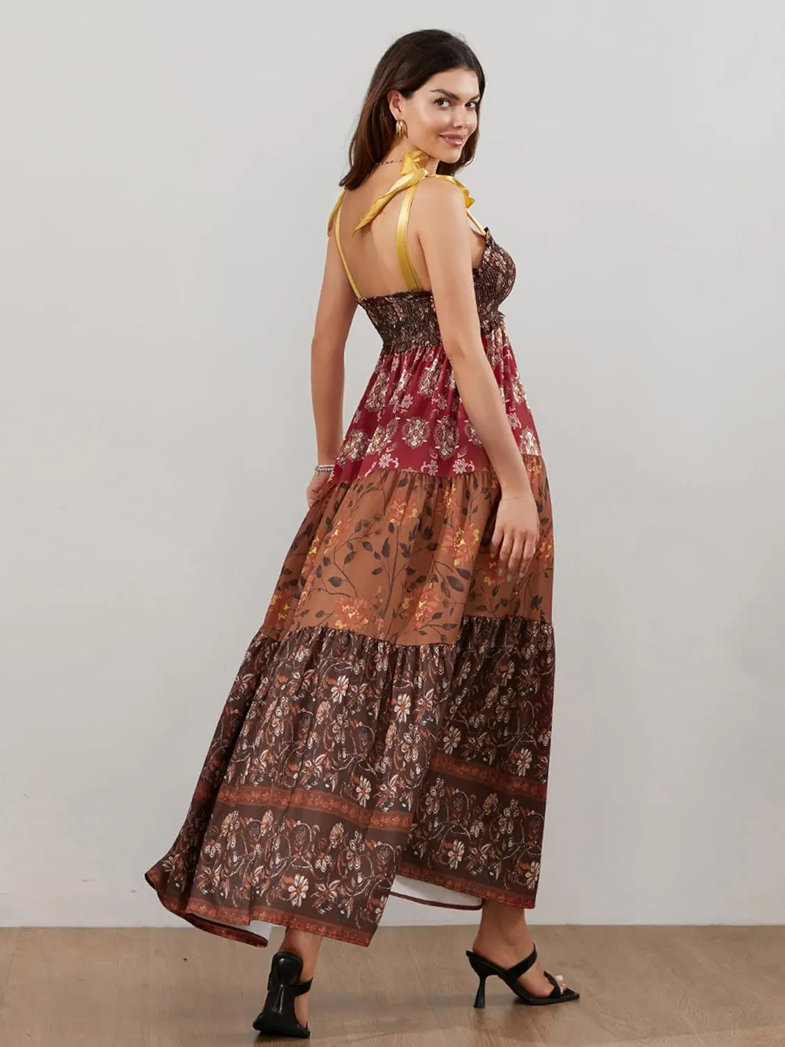 Women Summer Dresses Flowy Smocked Maxi Dress Sleeveless Sweetheart Y2K Floral Boho Summer Sundresses