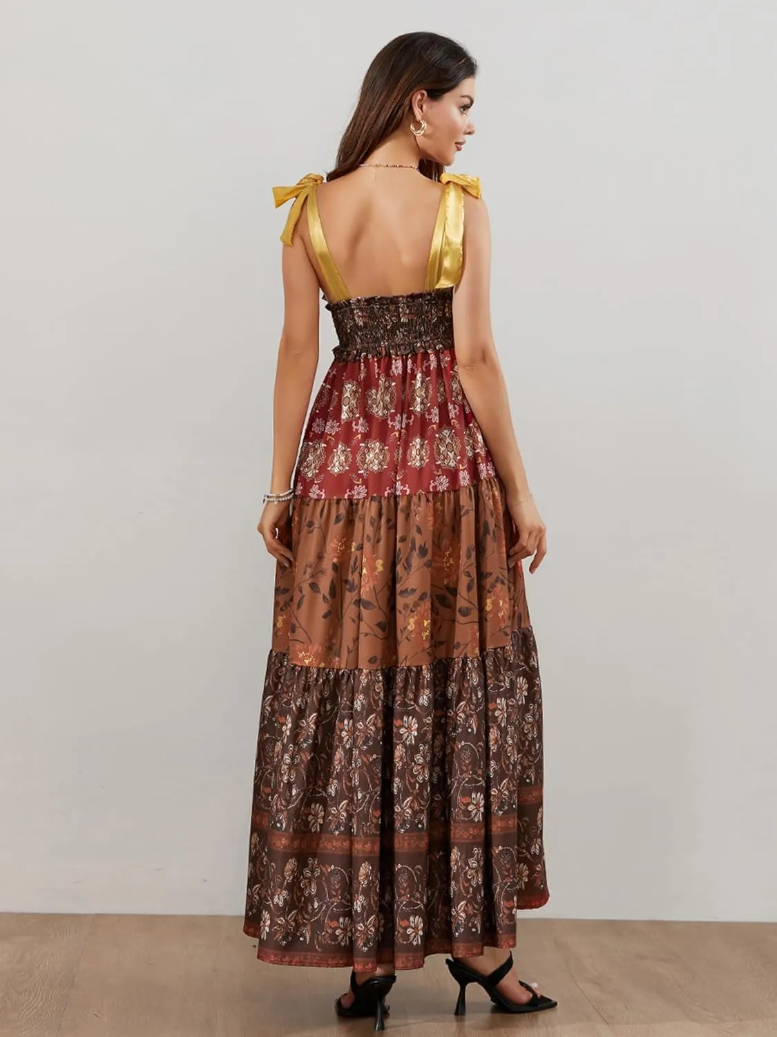 Women Summer Dresses Flowy Smocked Maxi Dress Sleeveless Sweetheart Y2K Floral Boho Summer Sundresses