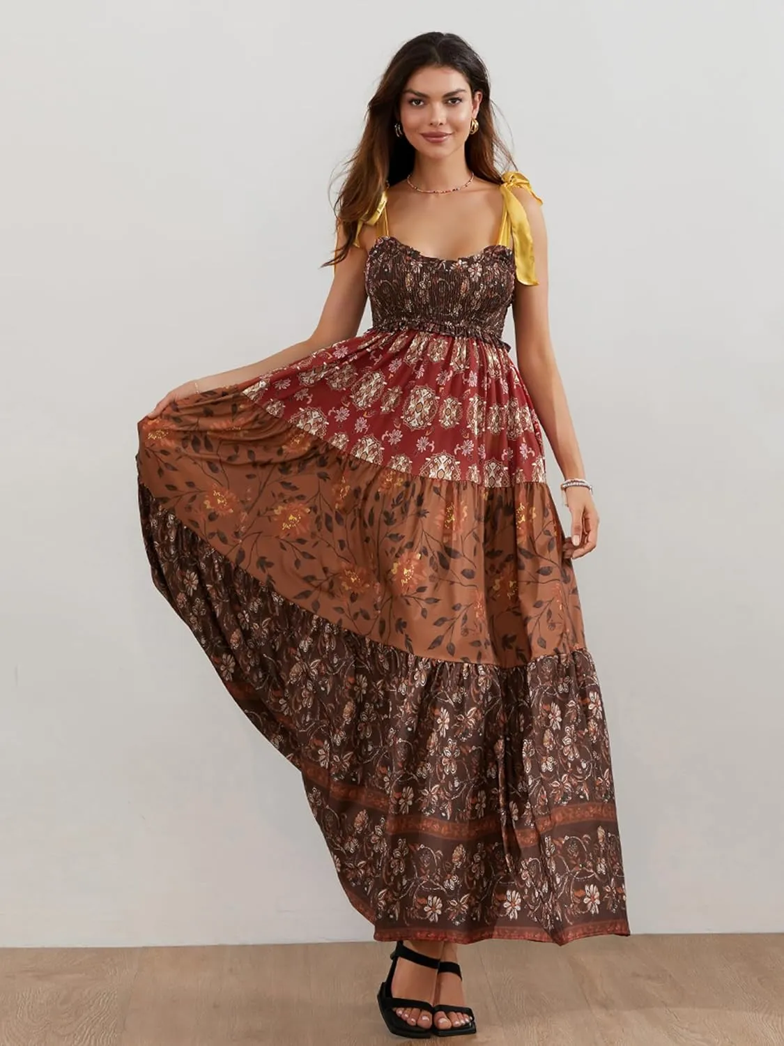 Women Summer Dresses Flowy Smocked Maxi Dress Sleeveless Sweetheart Y2K Floral Boho Summer Sundresses