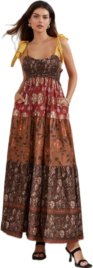 Women Summer Dresses Flowy Smocked Maxi Dress Sleeveless Sweetheart Y2K Floral Boho Summer Sundresses