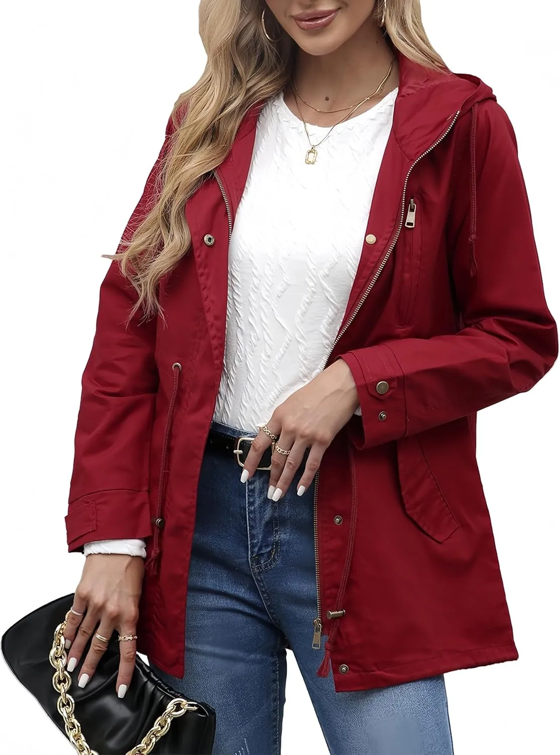 Women Trench Coat Windbreaker Zip Up Jacket With Pockets Casual Long Sleeve Outwear with Waist Drawstring