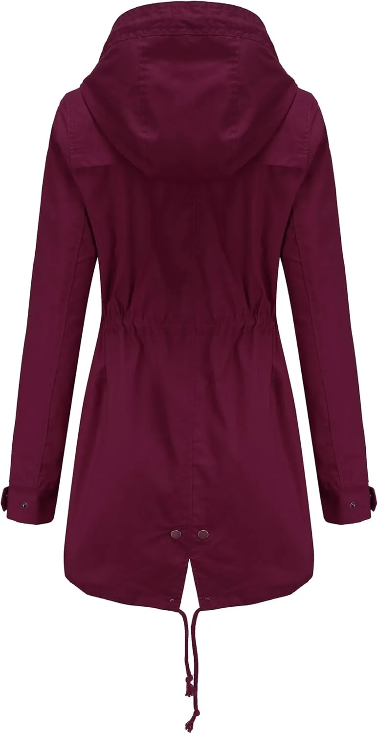 Women Trench Coat Windbreaker Zip Up Jacket With Pockets Casual Long Sleeve Outwear with Waist Drawstring