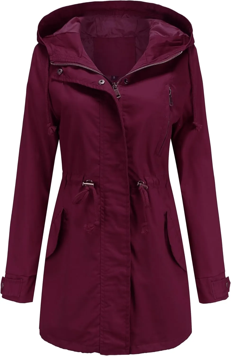 Women Trench Coat Windbreaker Zip Up Jacket With Pockets Casual Long Sleeve Outwear with Waist Drawstring