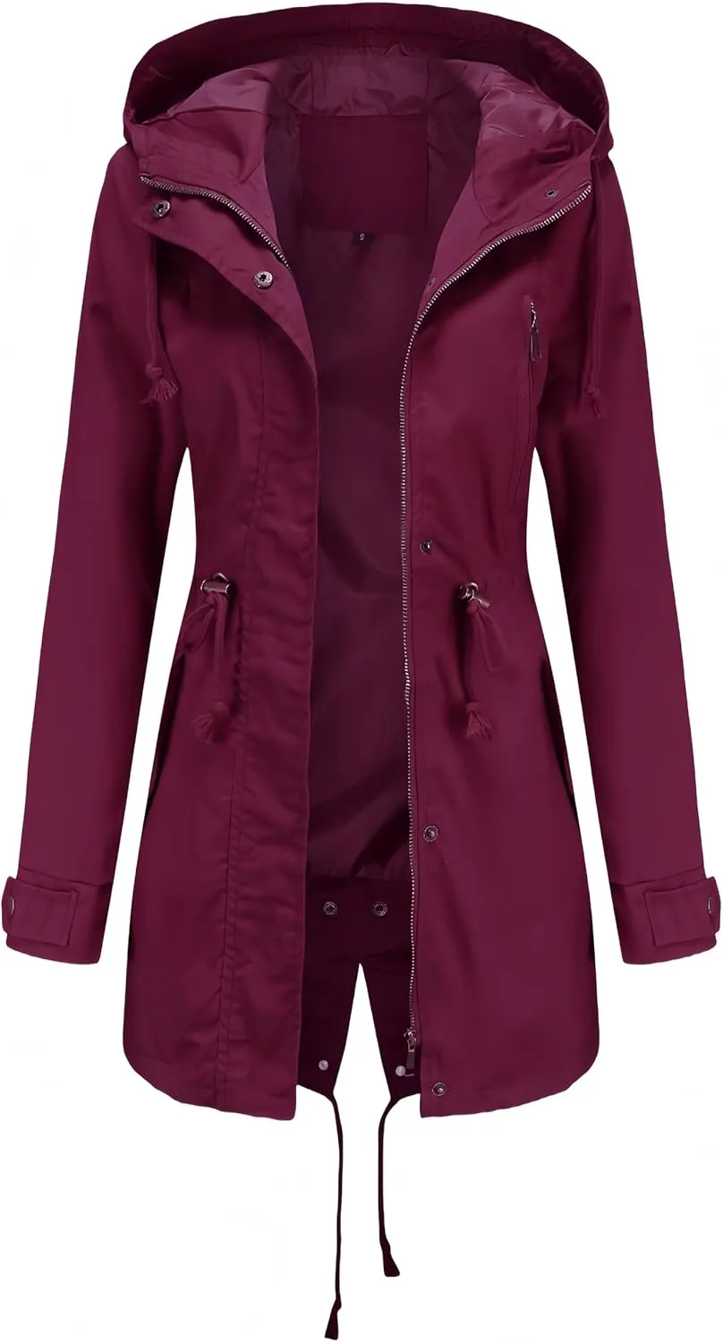 Women Trench Coat Windbreaker Zip Up Jacket With Pockets Casual Long Sleeve Outwear with Waist Drawstring