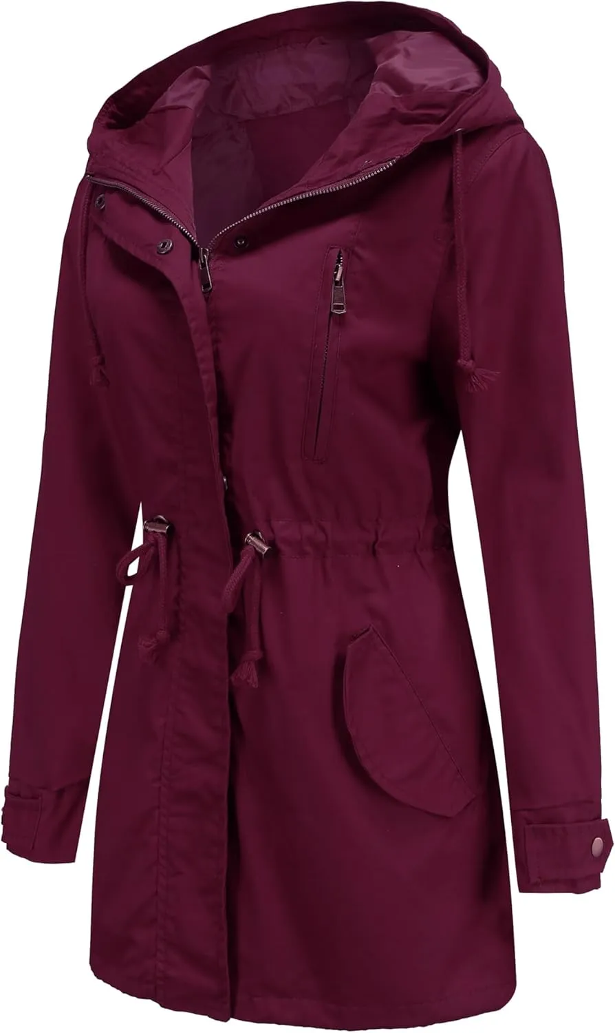 Women Trench Coat Windbreaker Zip Up Jacket With Pockets Casual Long Sleeve Outwear with Waist Drawstring