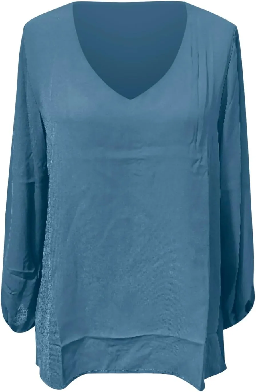 Womens Blouses Dressy Casual Fashion Smocked Long Balloon Sleeve V Neck Chiffon Shirts Tops Fall Outfits Clothes