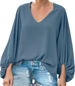 Womens Blouses Dressy Casual Fashion Smocked Long Balloon Sleeve V Neck Chiffon Shirts Tops Fall Outfits Clothes