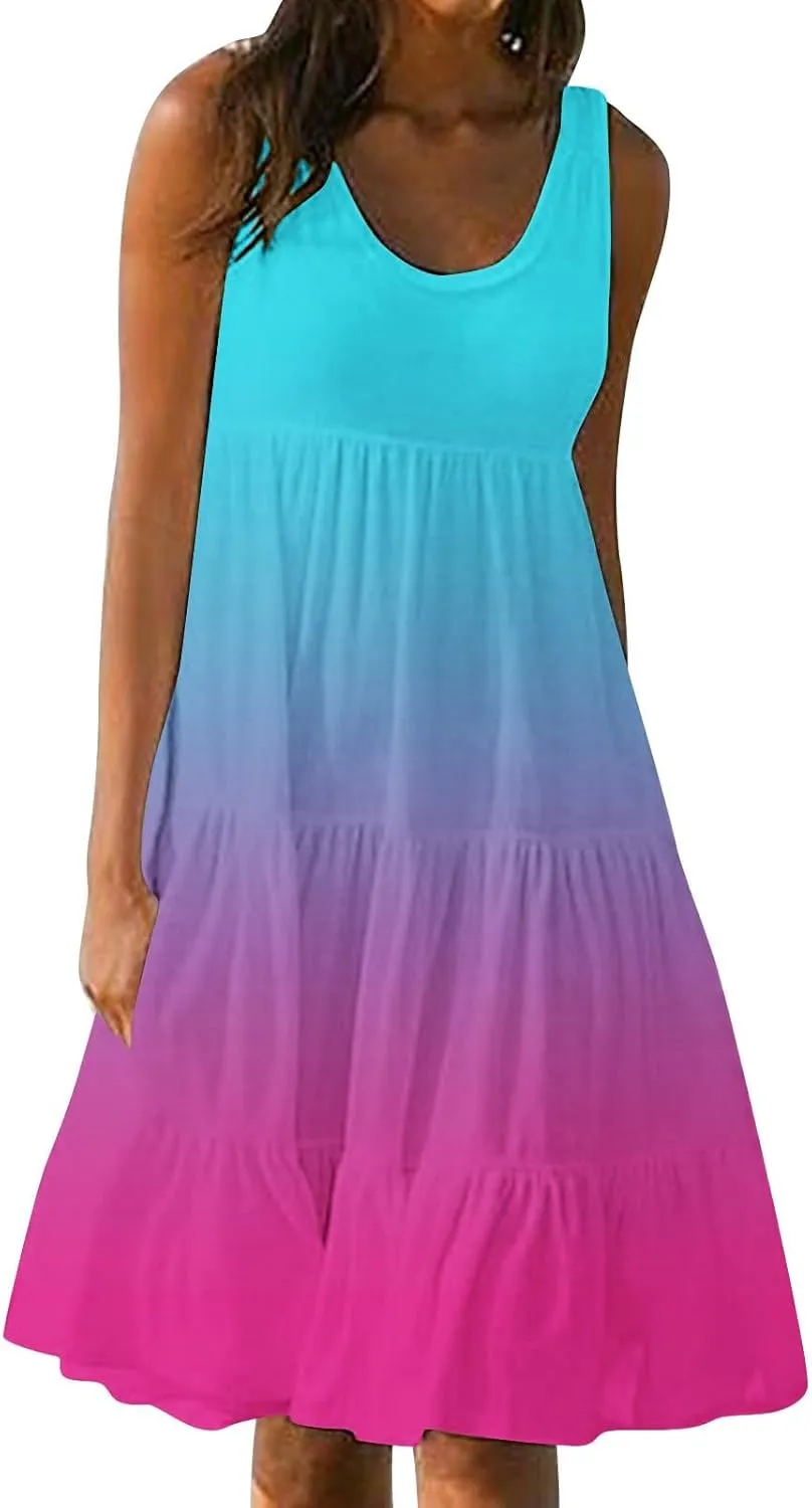 Womens Casual Sundresses 2025 Vacation Summer Beach Dresses Flowy Knee Length Tshirt Dress Sleeveless Ruffle Dress