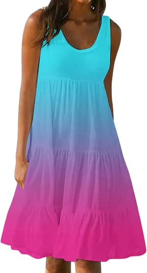 Womens Casual Sundresses 2025 Vacation Summer Beach Dresses Flowy Knee Length Tshirt Dress Sleeveless Ruffle Dress