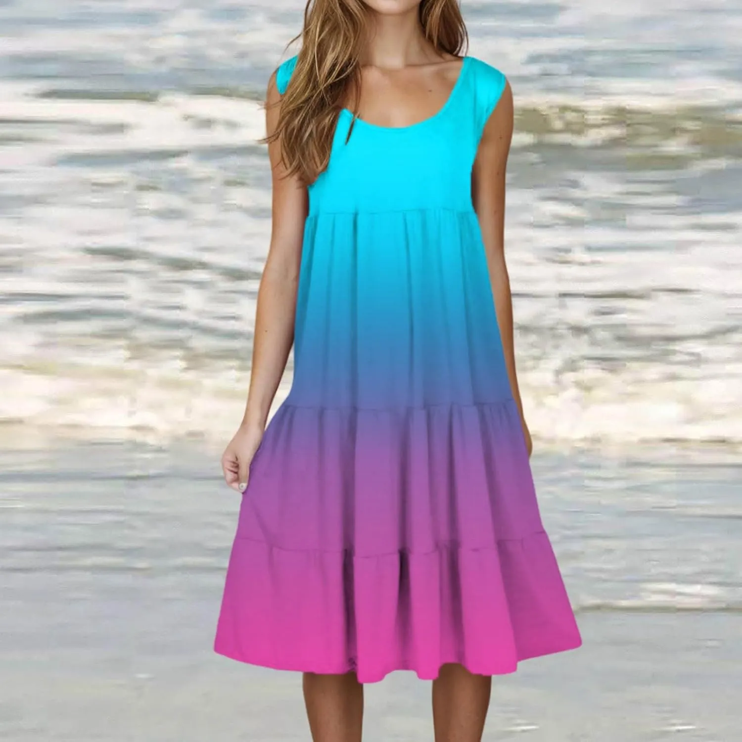 Womens Casual Sundresses 2025 Vacation Summer Beach Dresses Flowy Knee Length Tshirt Dress Sleeveless Ruffle Dress