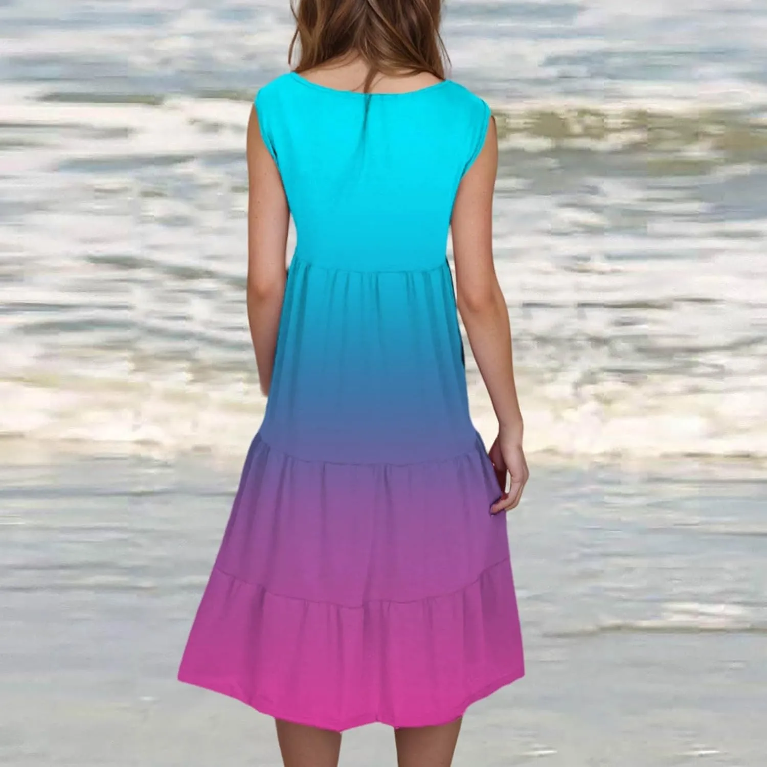 Womens Casual Sundresses 2025 Vacation Summer Beach Dresses Flowy Knee Length Tshirt Dress Sleeveless Ruffle Dress