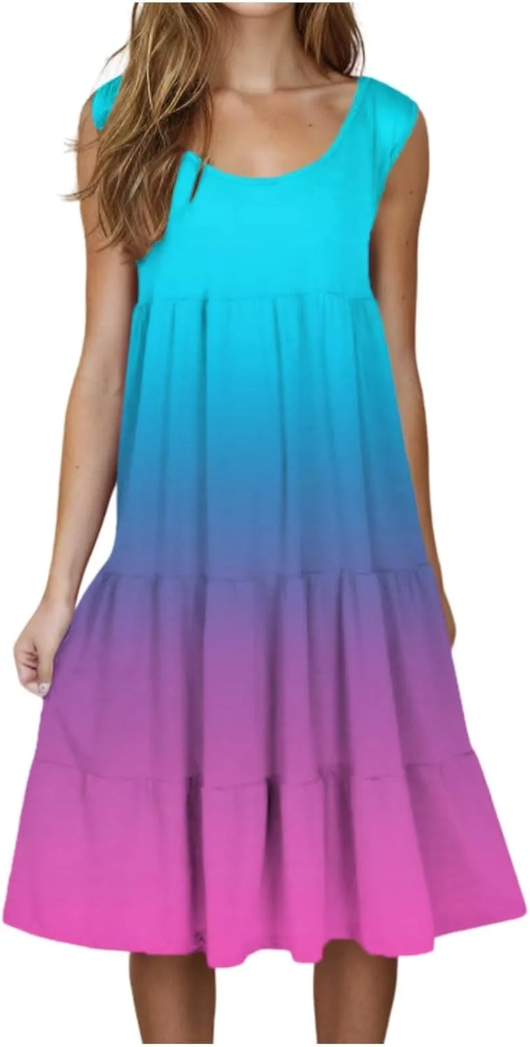 Womens Casual Sundresses 2025 Vacation Summer Beach Dresses Flowy Knee Length Tshirt Dress Sleeveless Ruffle Dress