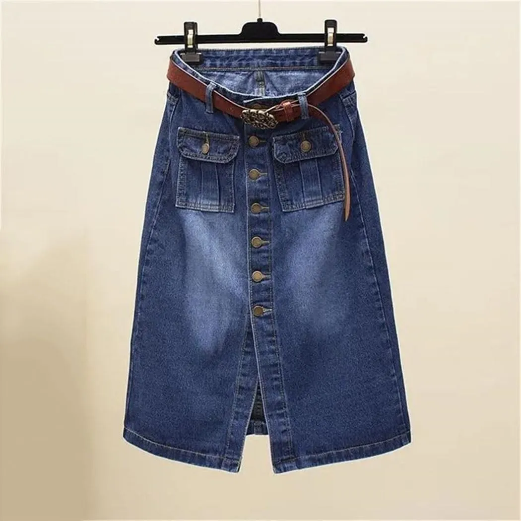 Women's High Waist Denim Pencil Skirt Sheath Midi Skirt with Front Slit Single-Breasted Button for Spring Autumn