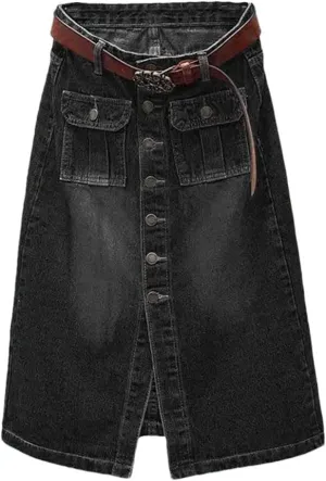 Women's High Waist Denim Pencil Skirt Sheath Midi Skirt with Front Slit Single-Breasted Button for Spring Autumn