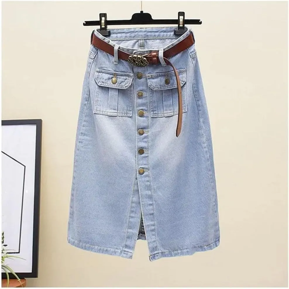 Women's High Waist Denim Pencil Skirt Sheath Midi Skirt with Front Slit Single-Breasted Button for Spring Autumn
