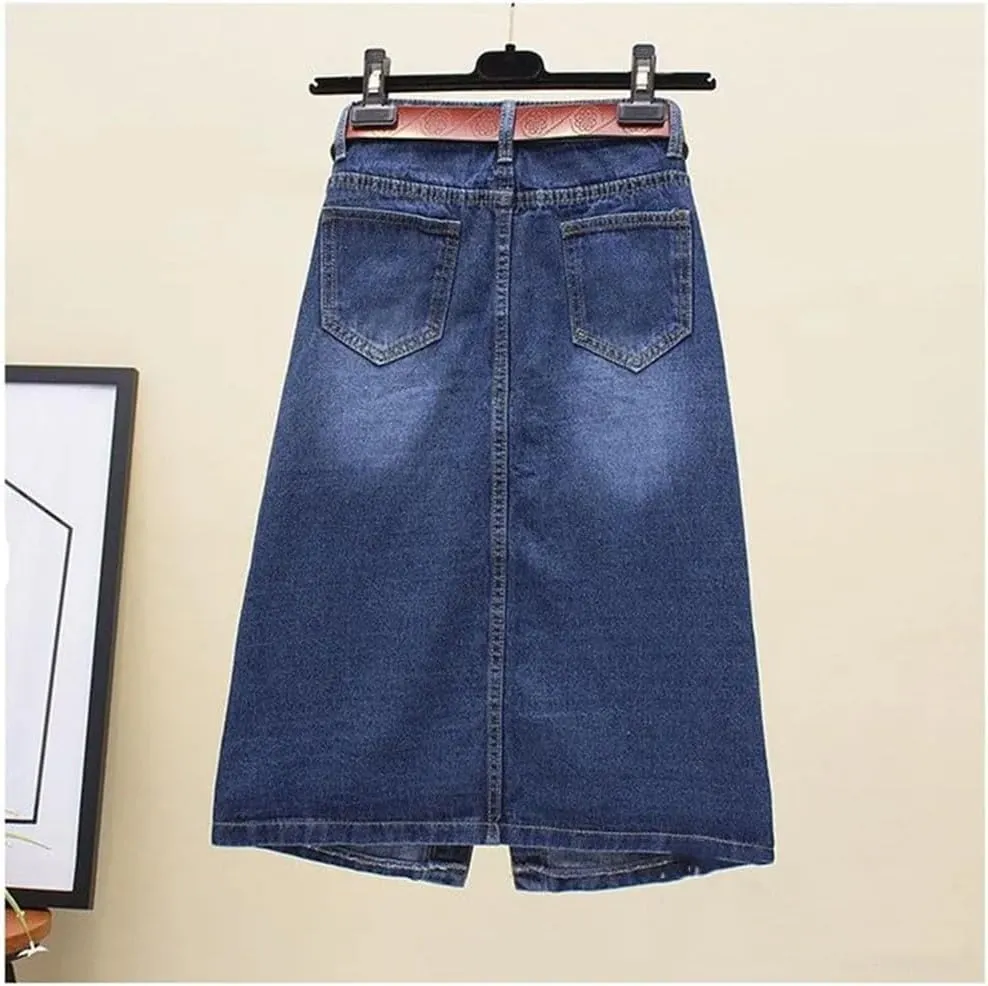 Women's High Waist Denim Pencil Skirt Sheath Midi Skirt with Front Slit Single-Breasted Button for Spring Autumn