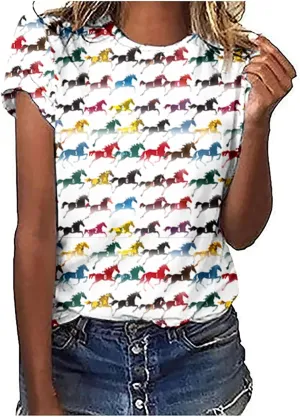 Womens Horse Racing Tops Short Sleeve Vintage Shirts Summer Funny Graphic Print Tee Blouses Holiday Workout Clothes