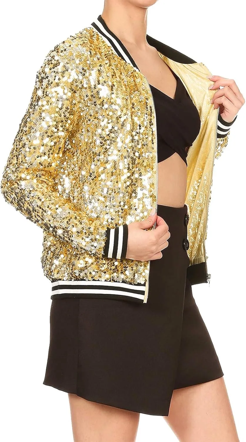 Women's Light up Sequin Jacket Coat Sparkly Long Sleeve Bomber Jackets Glowing Carnival Party Night Club Jacket