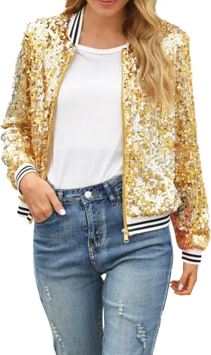 Women's Light up Sequin Jacket Coat Sparkly Long Sleeve Bomber Jackets Glowing Carnival Party Night Club Jacket