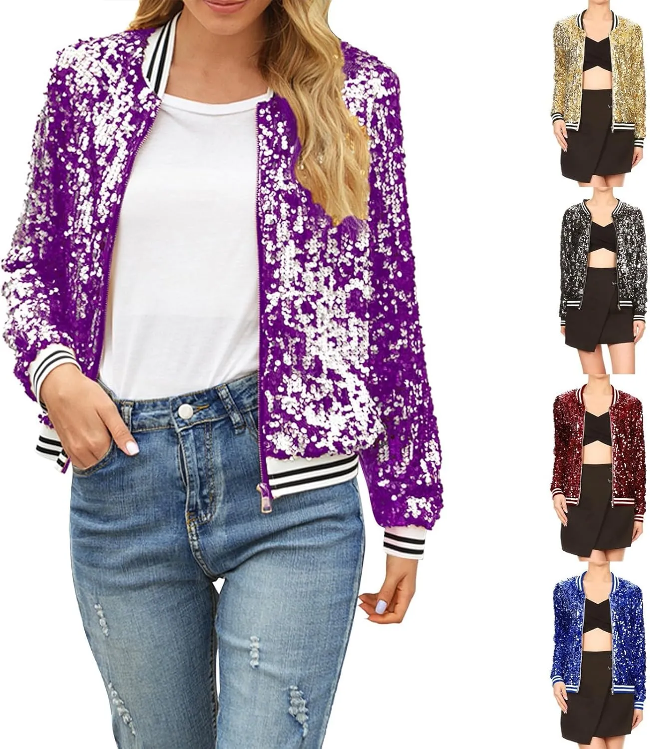 Women's Light up Sequin Jacket Coat Sparkly Long Sleeve Bomber Jackets Glowing Carnival Party Night Club Jacket
