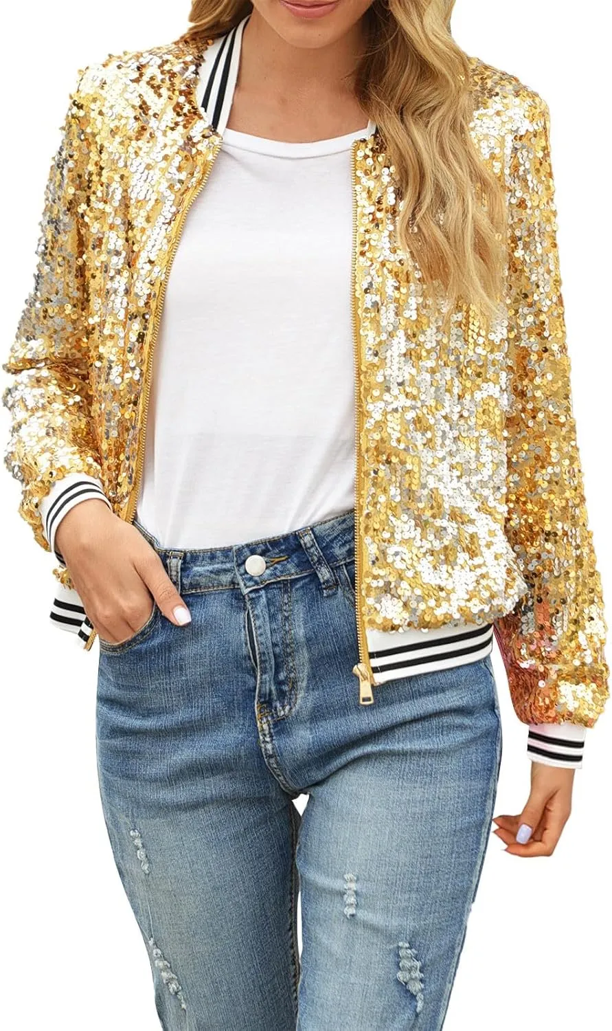 Women's Light up Sequin Jacket Coat Sparkly Long Sleeve Bomber Jackets Glowing Carnival Party Night Club Jacket