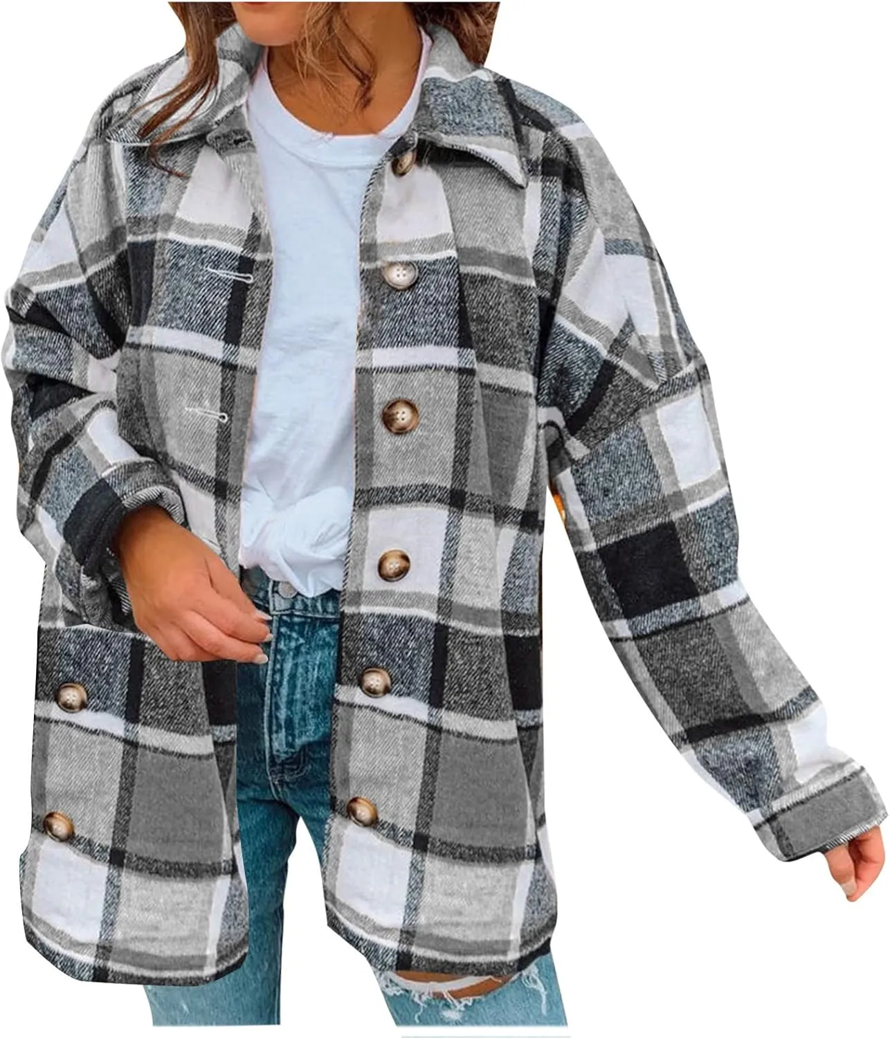 Women's Plus Size Flannel Plaid Shacket Jacket Button Down Long Sleeve Casual Coat Wool Blend Corduroy Coat