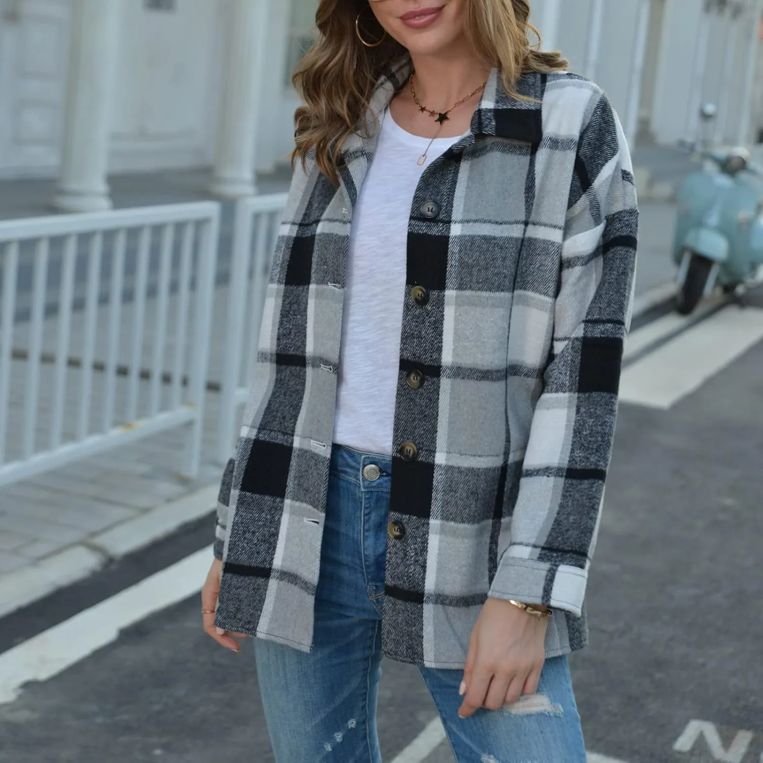Women's Plus Size Flannel Plaid Shacket Jacket Button Down Long Sleeve Casual Coat Wool Blend Corduroy Coat